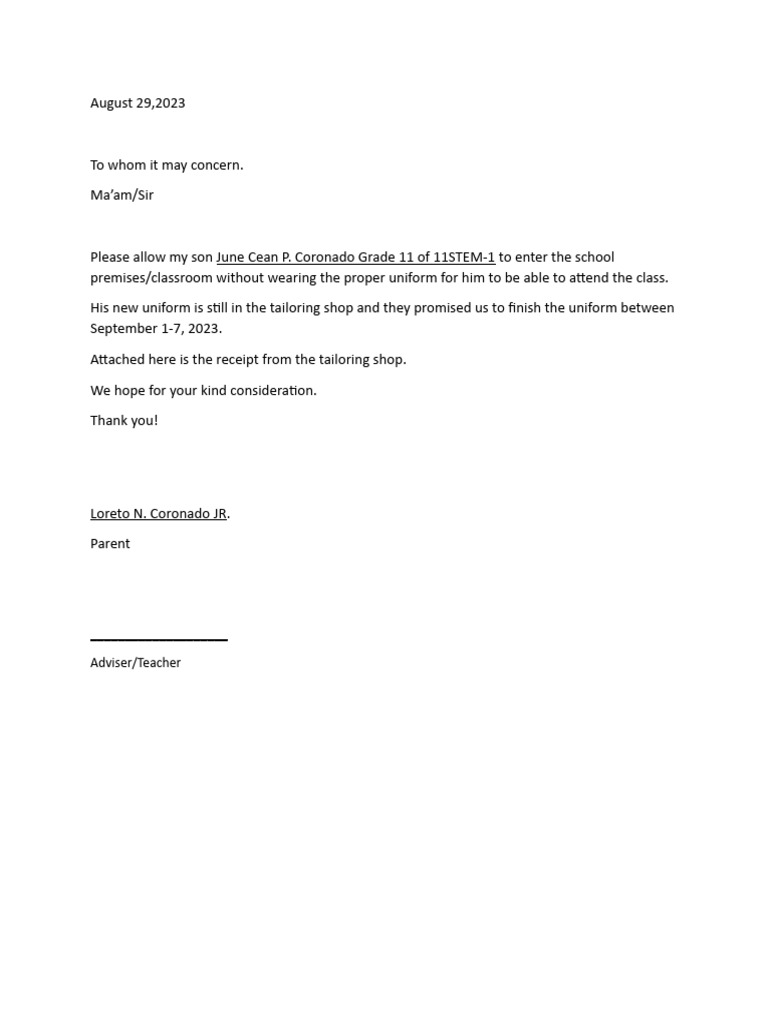Uniform Excuse Letter PDF