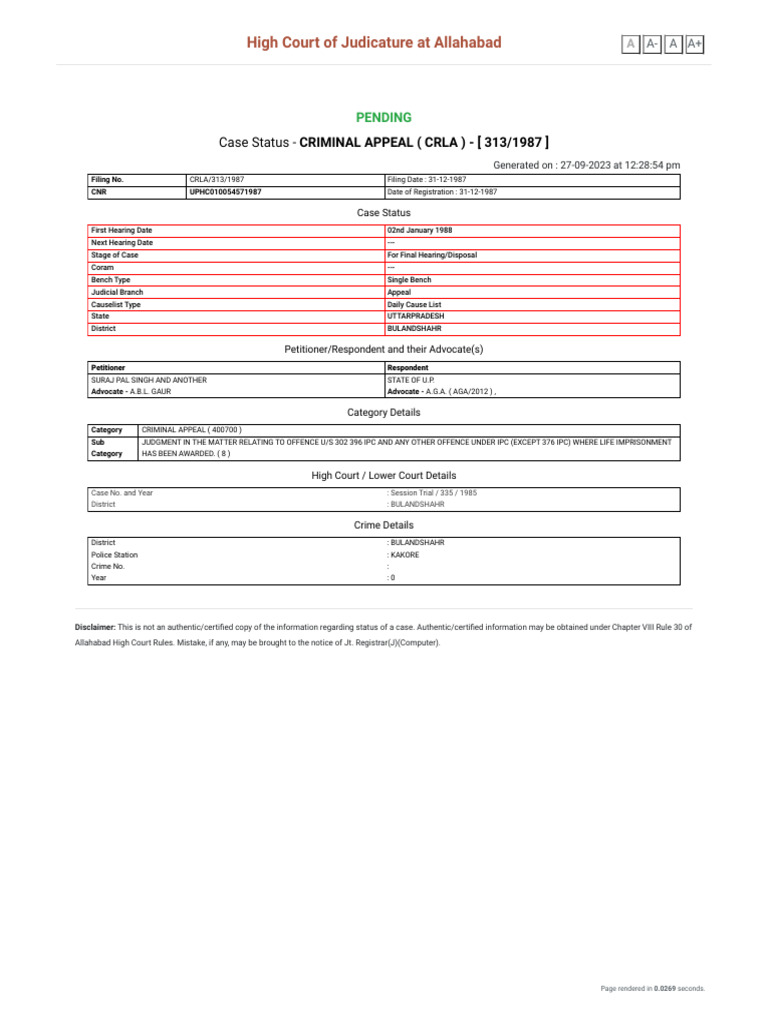 Case Status Search by Crime ST Number (1) 335/1985 Download Free