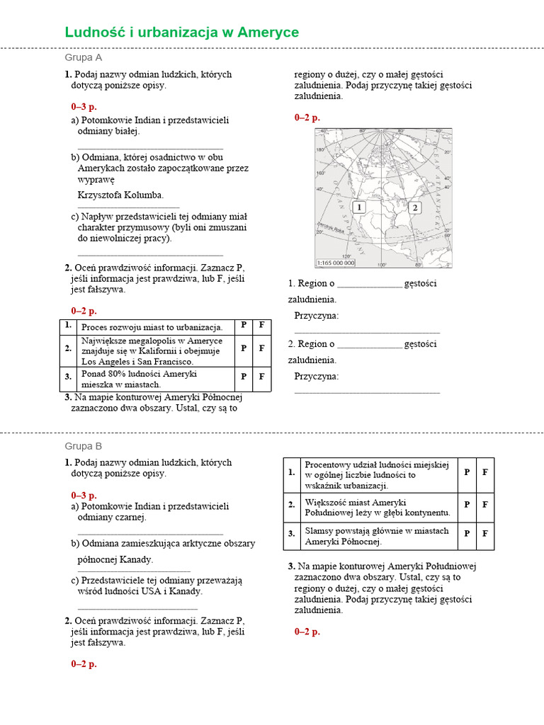 Nowa Era Geografia Klasa 8 Kartkowka-Ludnosc-I-Urbanizacja-Ameryki Klasa 8 Nowa Era | PDF