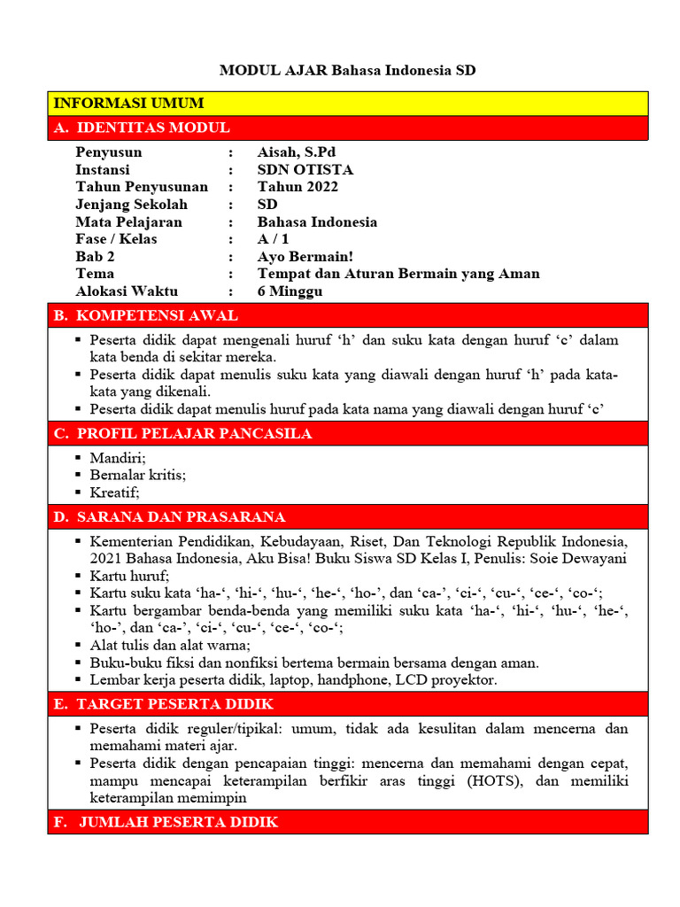 Modul Ajar Bahasa Indonesia SD Kelas 1 | PDF