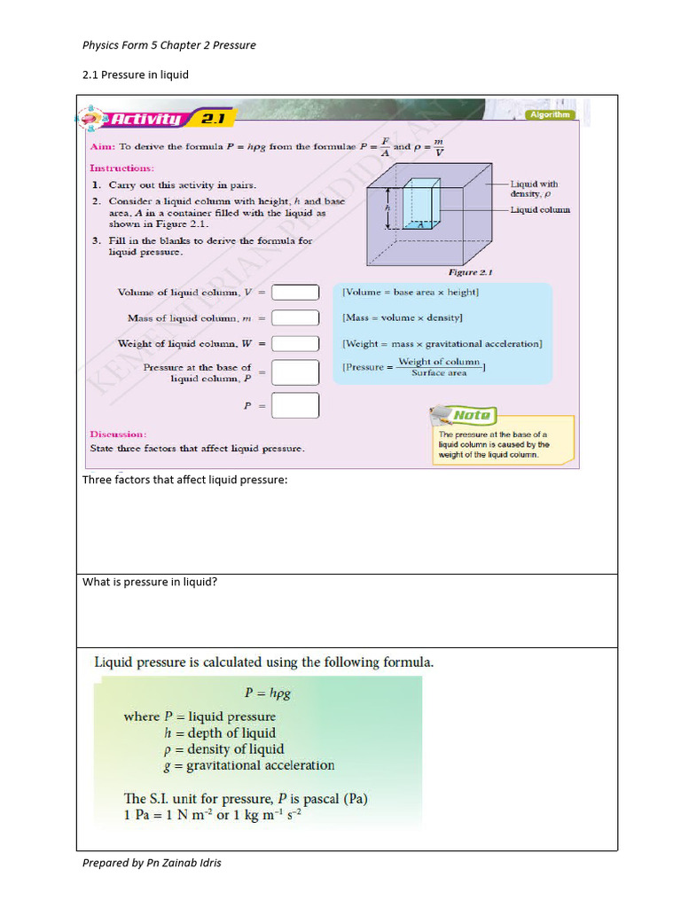 2.1 Pressure in Liquids | PDF | Teaching Methods & Materials ...