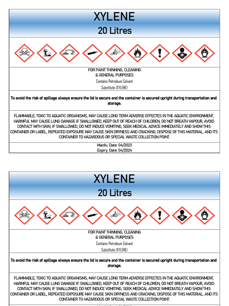Xylene Label PDF Toxicity Solvent