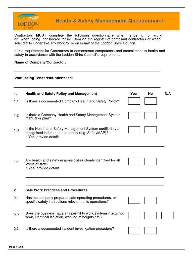Contractor Health and Safety Questionnaire | PDF | Occupational Safety ...