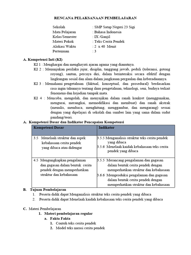Rencana Pembelajaran Teks Cerita Pendek | PDF