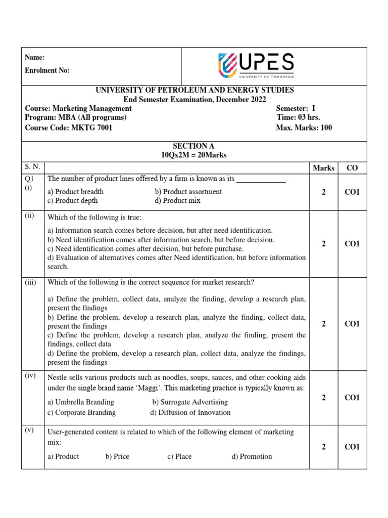 Marketing Management Exam December 2022 | PDF | Marketing | Business ...