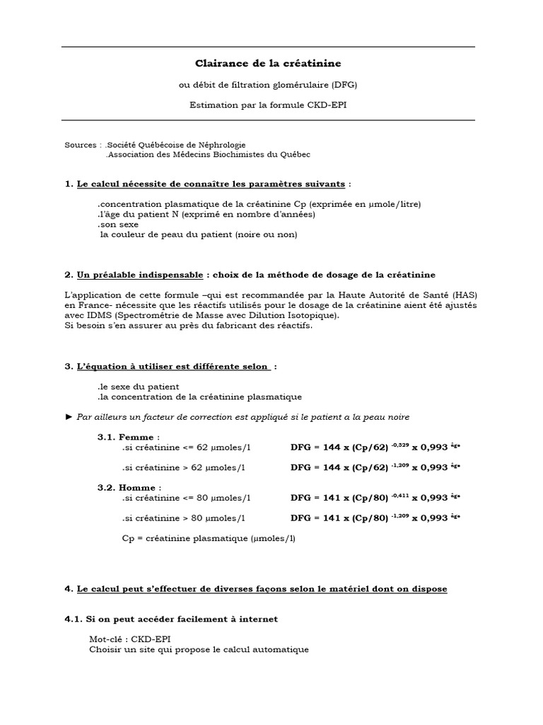 CL Creatinine CKD-EPI Modes de Calcul-1 | PDF