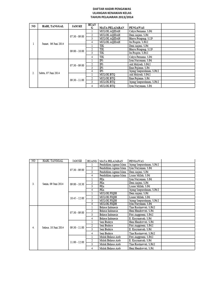 Daftar Hadir Pengawas Pdf