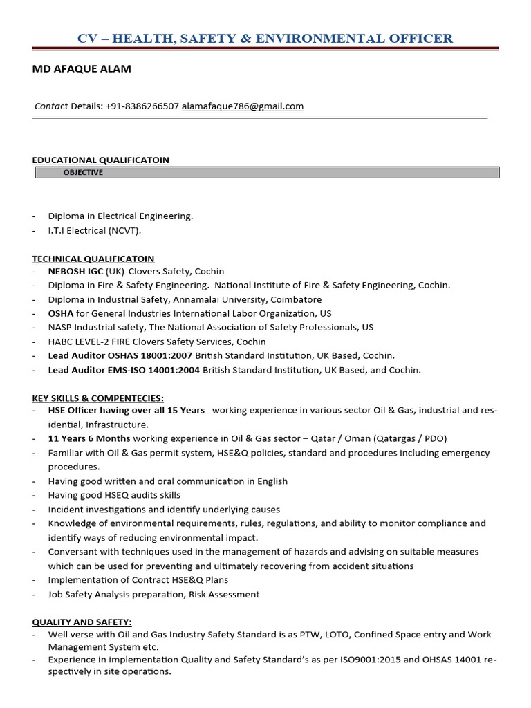 Senior HSE Officer CV Summary | PDF | Safety | Occupational Safety And ...