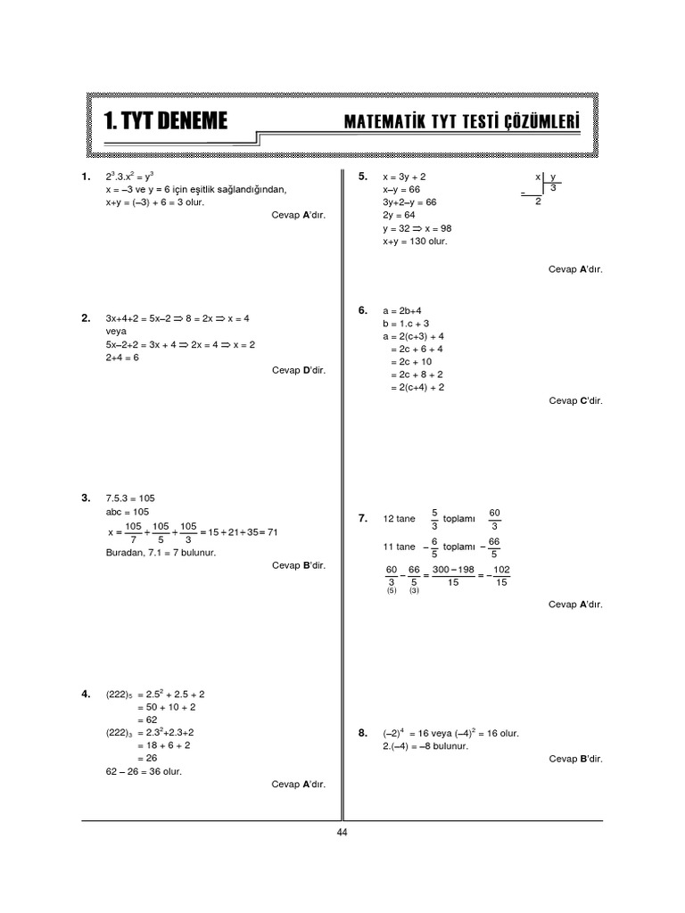 Matematik Tyt Deneme 1 Çözümleri | PDF