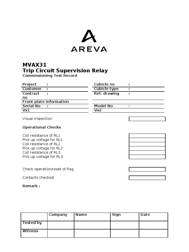 MVAX31 Trip Circuit Relay Test Record | PDF | Technology & Engineering