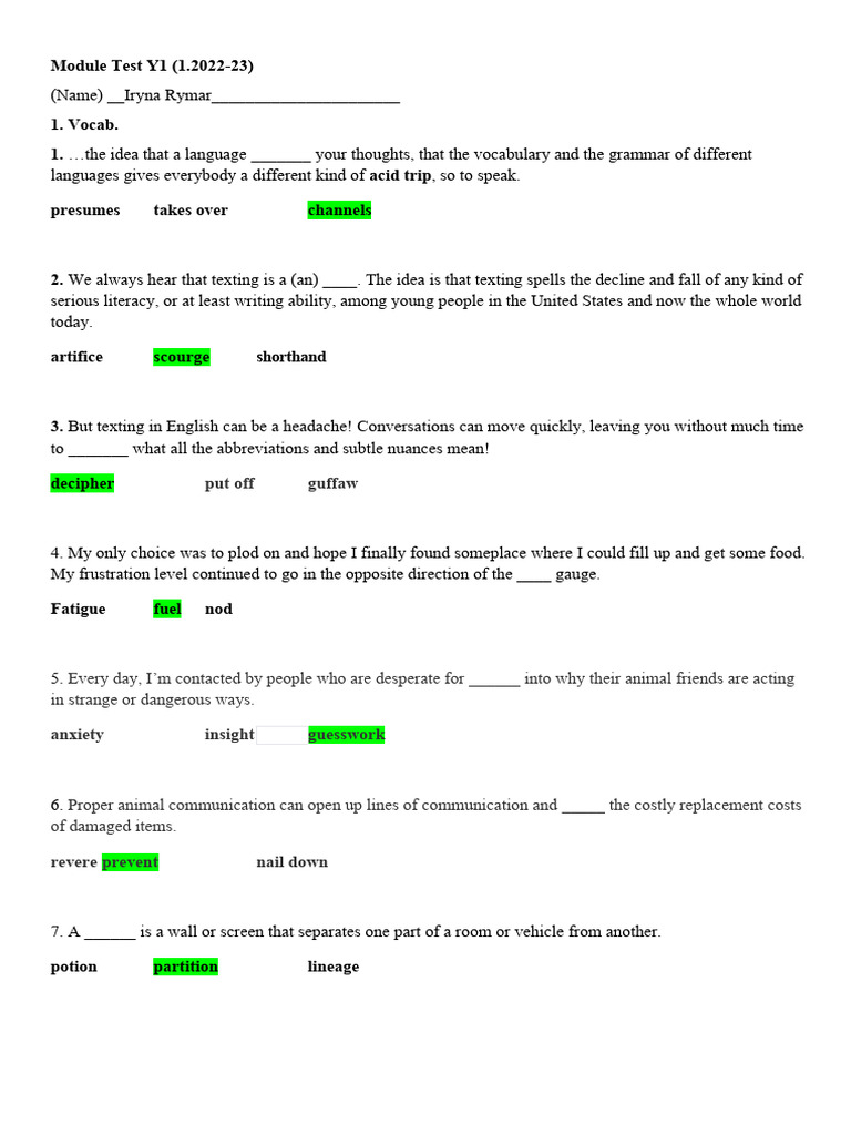 Year 1 Module Test Answers | PDF | Language Arts & Discipline