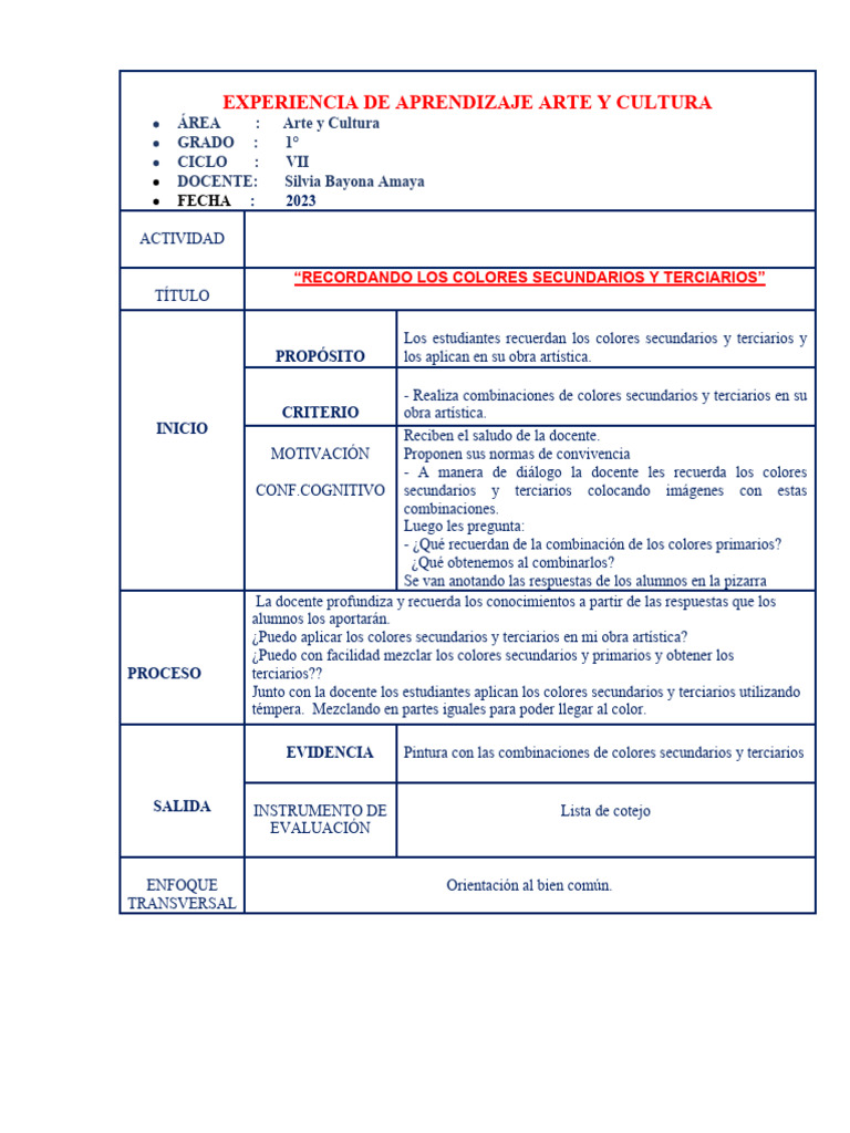 Sesión de Aprendizaje de Arte y Cultura 1° de Secundaria | PDF