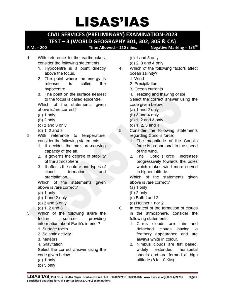 World Geography Test for Civil Services 2023 | PDF | Rock (Geology) | Cloud