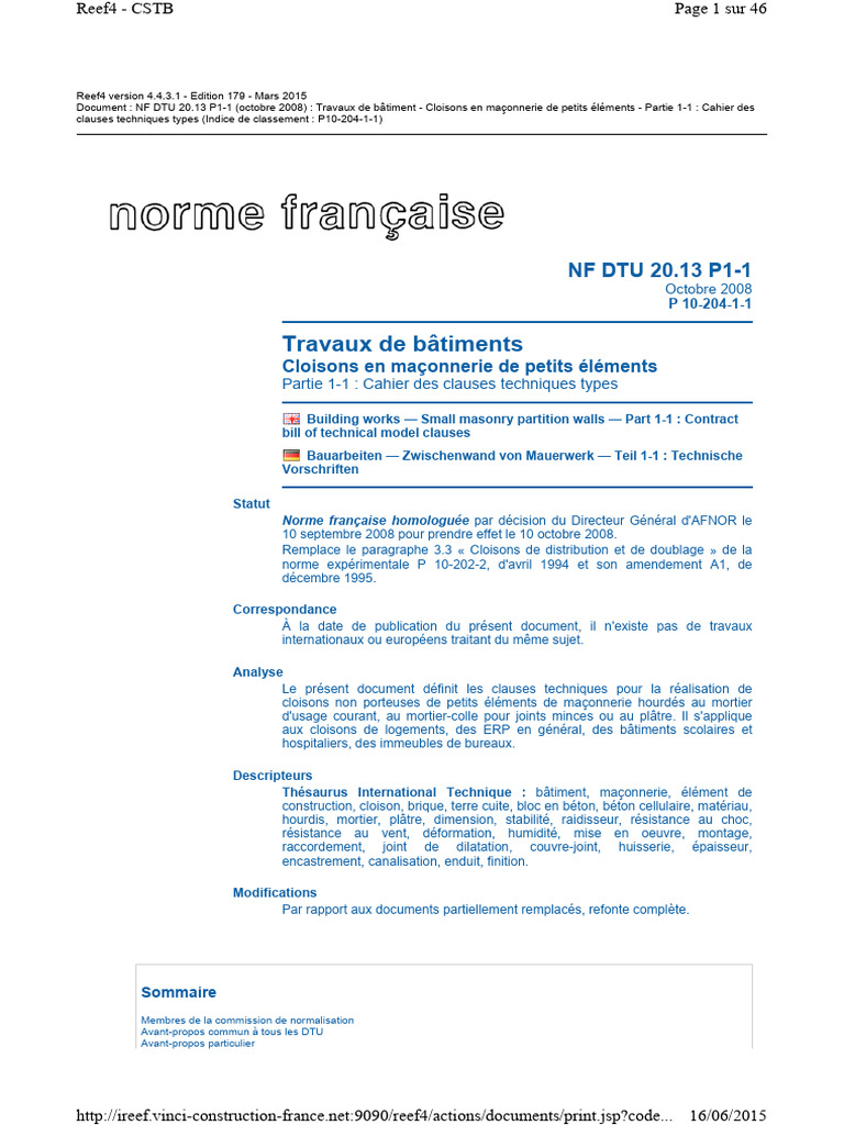 DTU 20.13 P1-1 Cloisons maçonnées | PDF