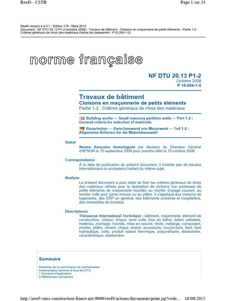 Critères de choix des matériaux DTU 20.13 | PDF | Maison et jardin