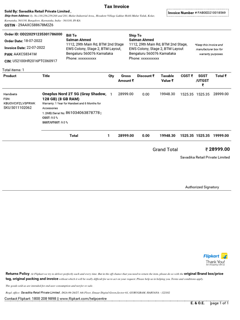 Flipkart Invoice PDF Taxes Economies