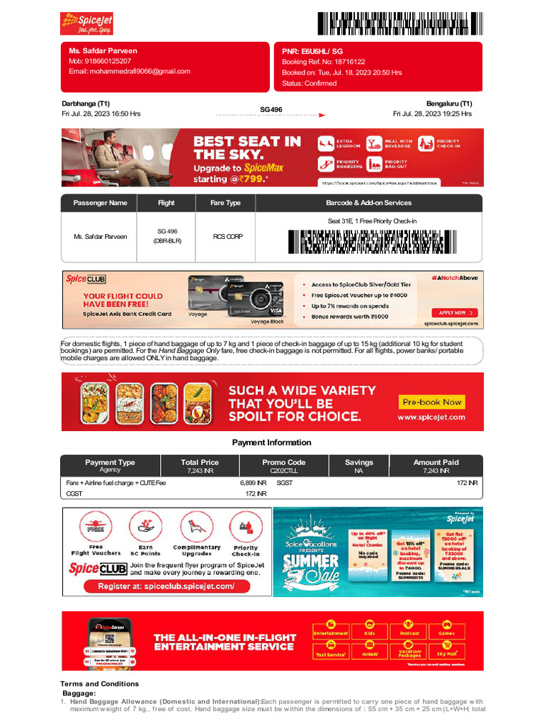 SpiceJet - E-Ticket - PNR - E6U6HL 28 Jul 2023 Darbhanga-Bengaluru For ...