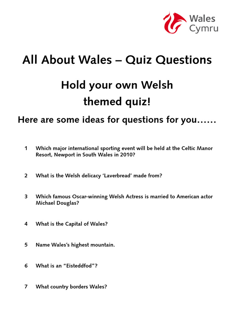 Welsh Quiz Questions and Answers | PDF | Wales