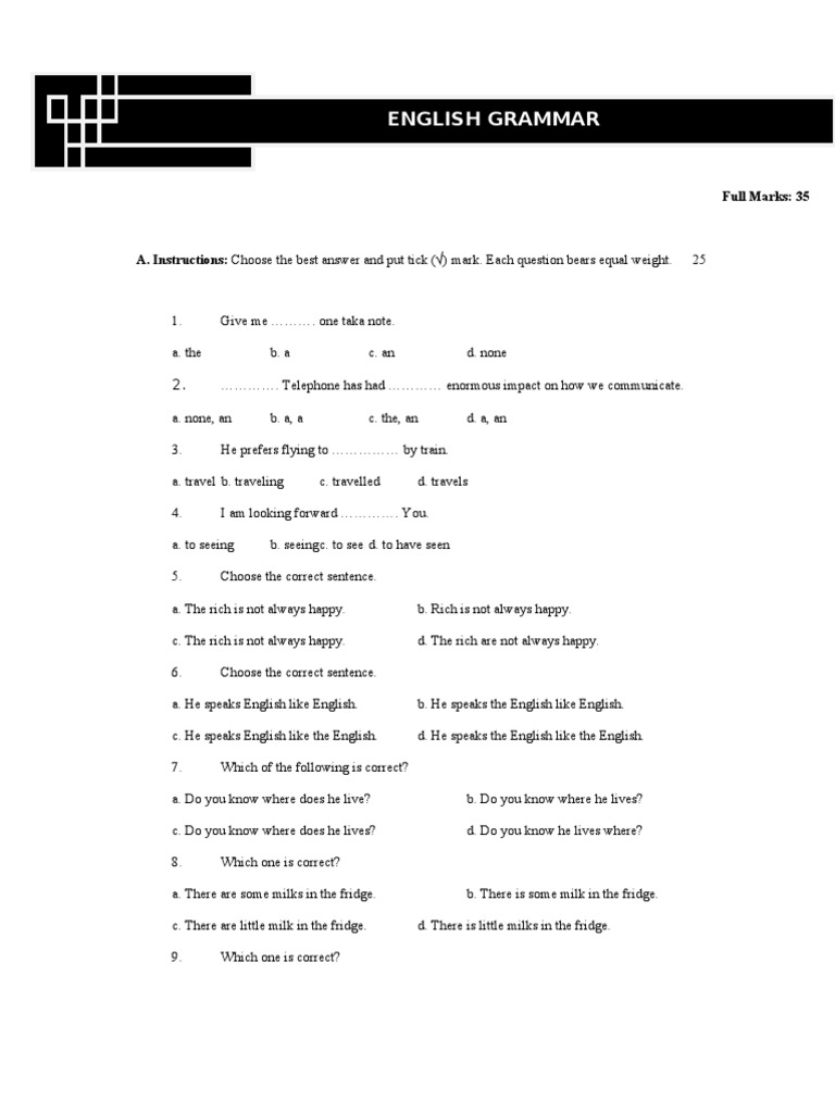 English Grammar: A. Instructions: Choose The Best Answer and Put Tick ...