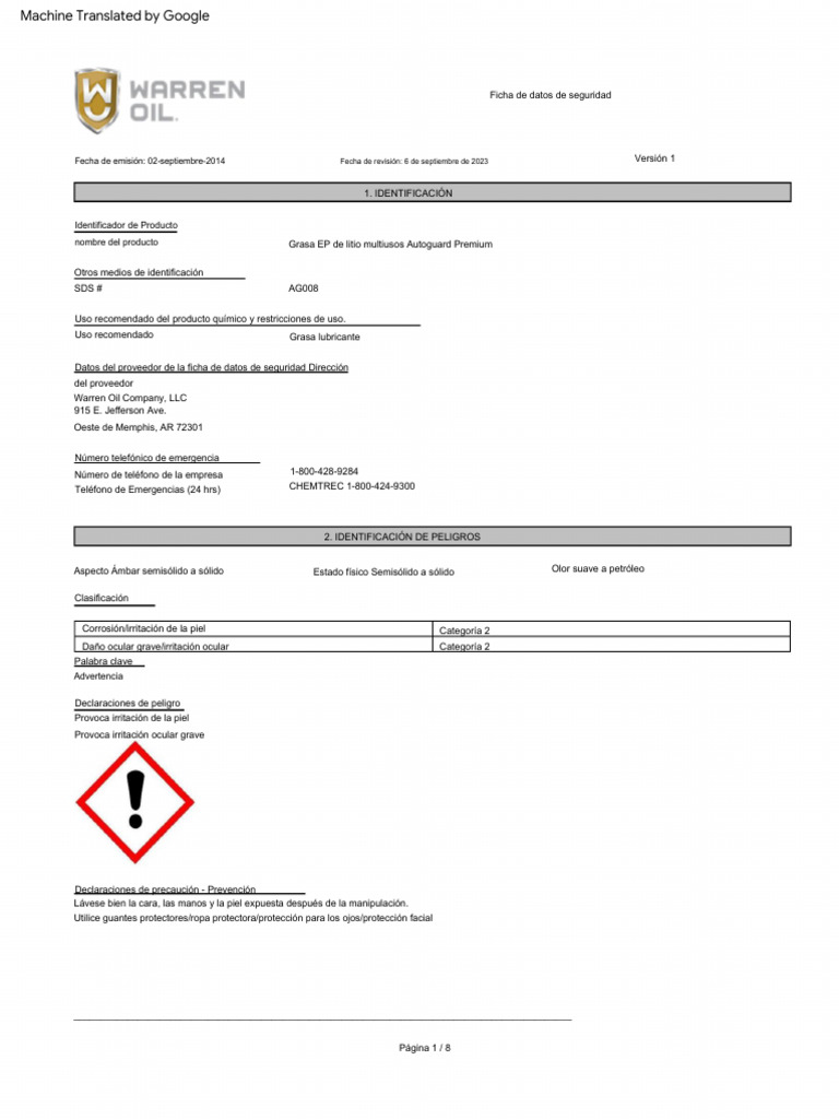 AG008 SDS Autoguard Premium MultiPurpose Lithium EP Grease (ESP