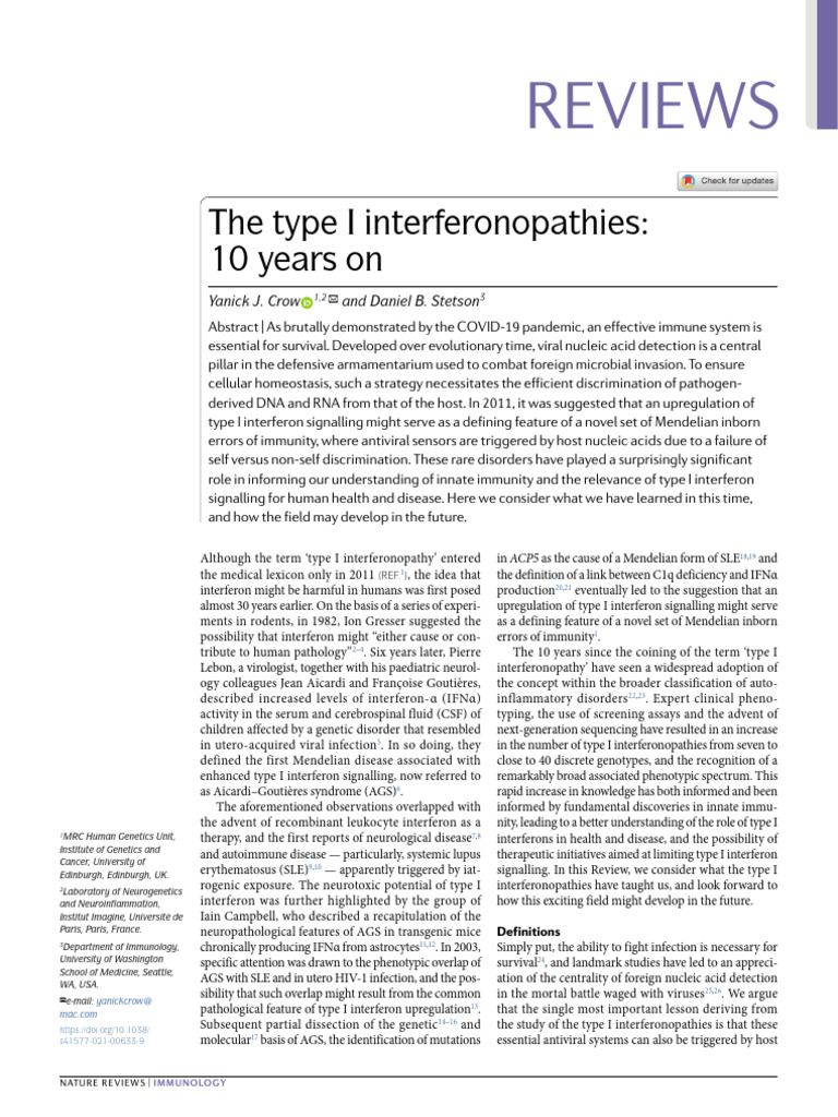Interferonopathies Type 1 : The type I interferonopathies: 10 years on ...
