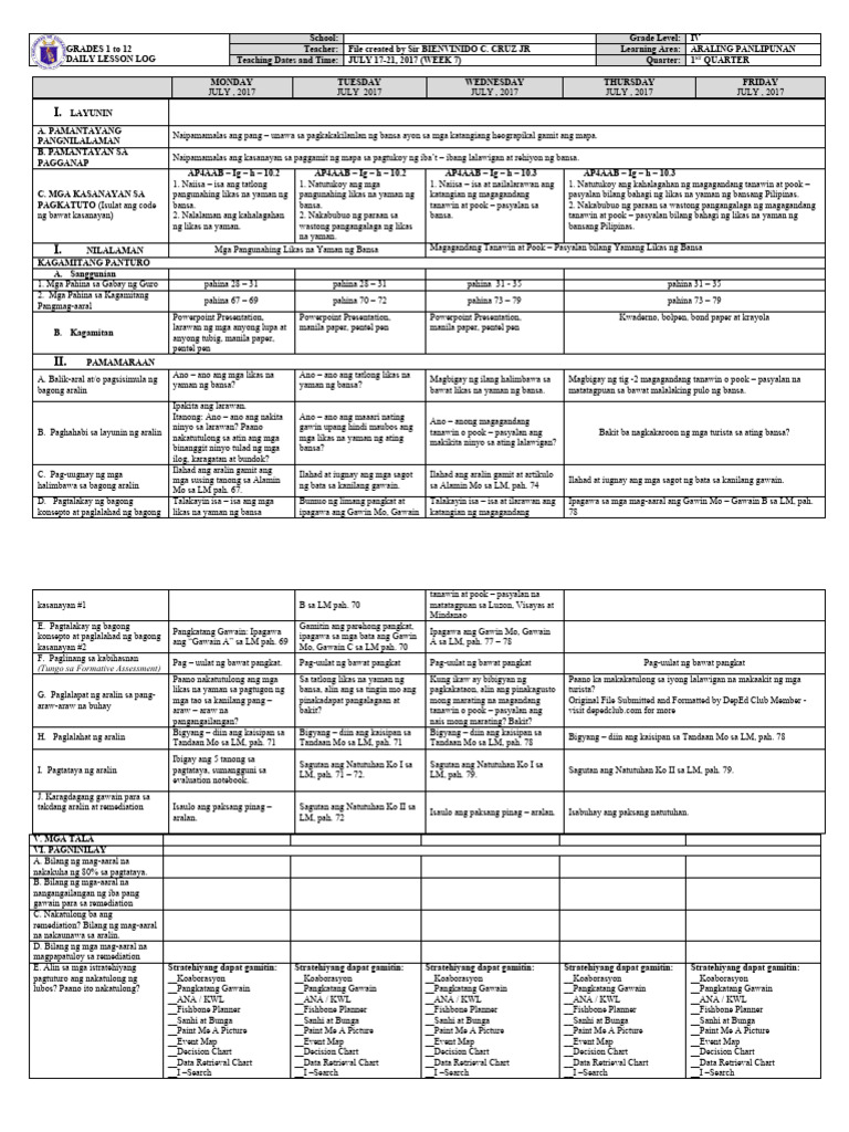 Grade 4 DLL Araling Panlipunan 4 Q1 Week 7 | PDF