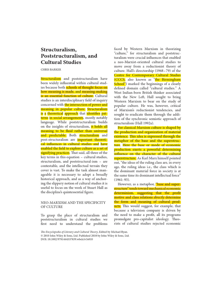 Structuralism Poststructuralism and Cultural Studies PDF Cultural Studies Discourse