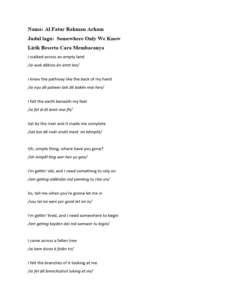 Lirik Lagu Somewhere Only We Know | PDF