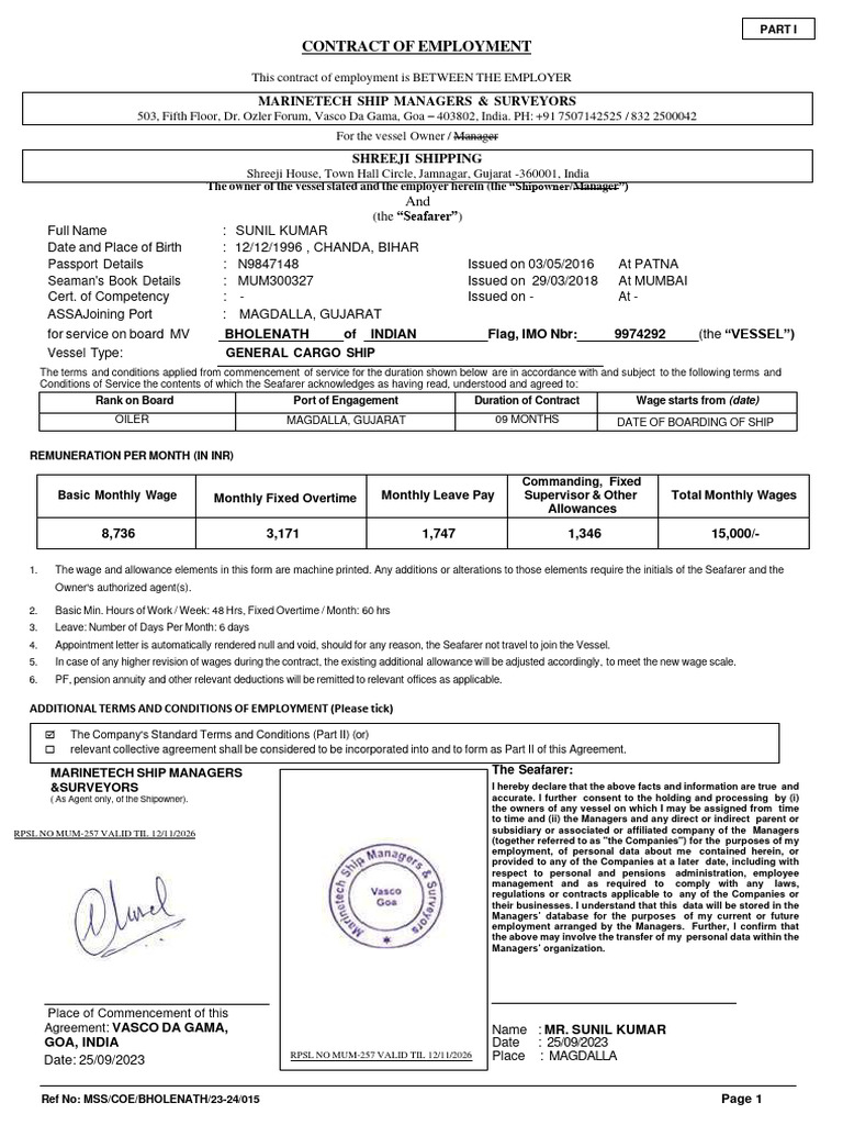 Employment Contract for Seafarer Sunil Kumar | PDF | Overtime | Employment