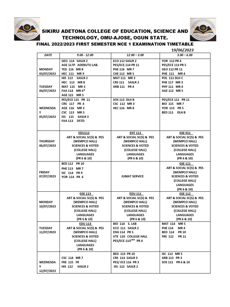 Newly Adjusted 2022 - 2023 Nce & Degree First-Harmattah Semester Exam ...