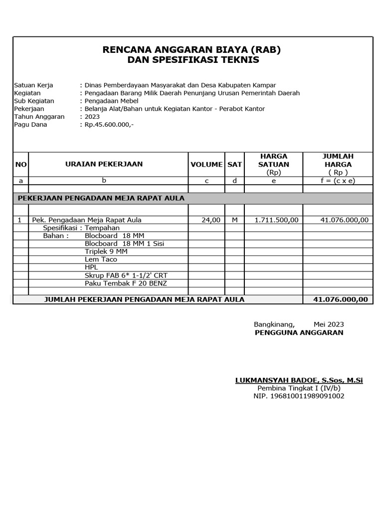 Rencana Anggaran Biaya (Rab) Dan Spesifikasi Teknis: Harga Jumlah NO ...