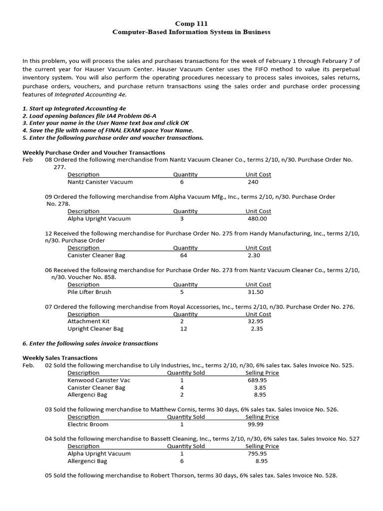 Comp 111 Computer-Based Information System in Business: Weekly Purchase ...