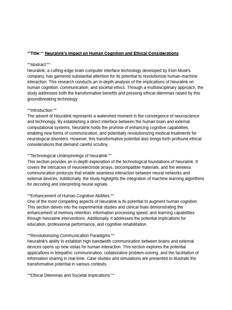 Neuralink's Impact On Human Cognition and Ethical Considerations | PDF ...