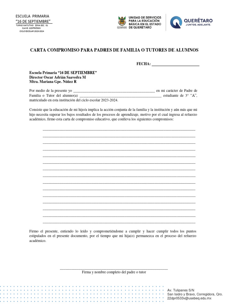 Carta Compromiso Escolar para Padres | PDF | Aprendizaje | Modificación ...