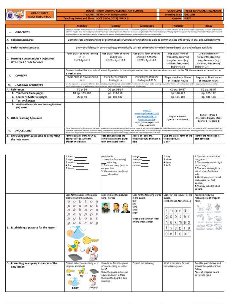 Grade 3 English Lesson on Plural Nouns | PDF