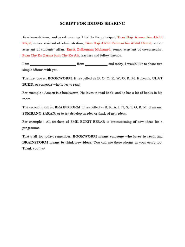 Idioms and Vocabulary Sharing Script | PDF