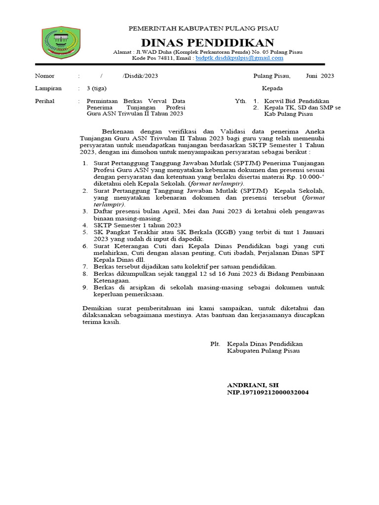 Format pemberkasan tpg triwulan 2 tahun 2023 pdf