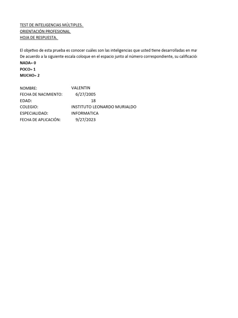 Test de INTELIGENCIAS MULTIPLES DE GARDNER | PDF | Pensamiento ...