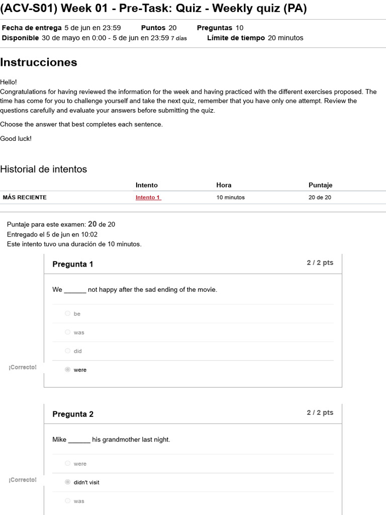 (ACV-S01) Week 01 - Pre-Task - Quiz - Weekly Quiz (PA) - INGLES IV ...