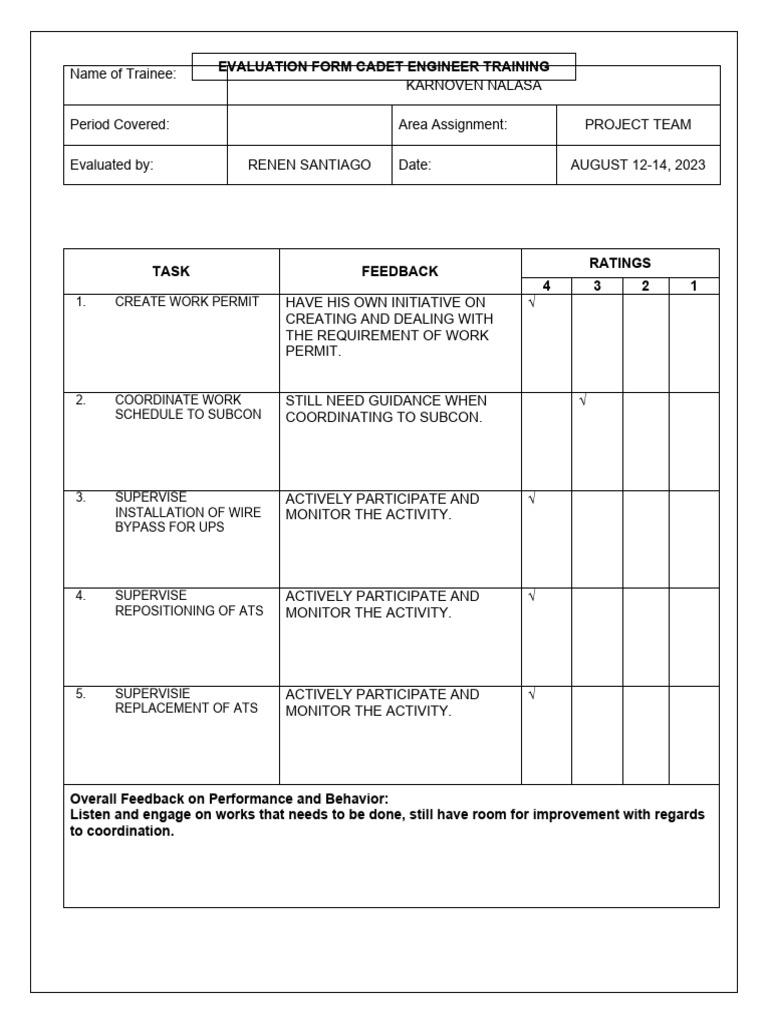 Cadet Engineer Training Evaluation Report | PDF
