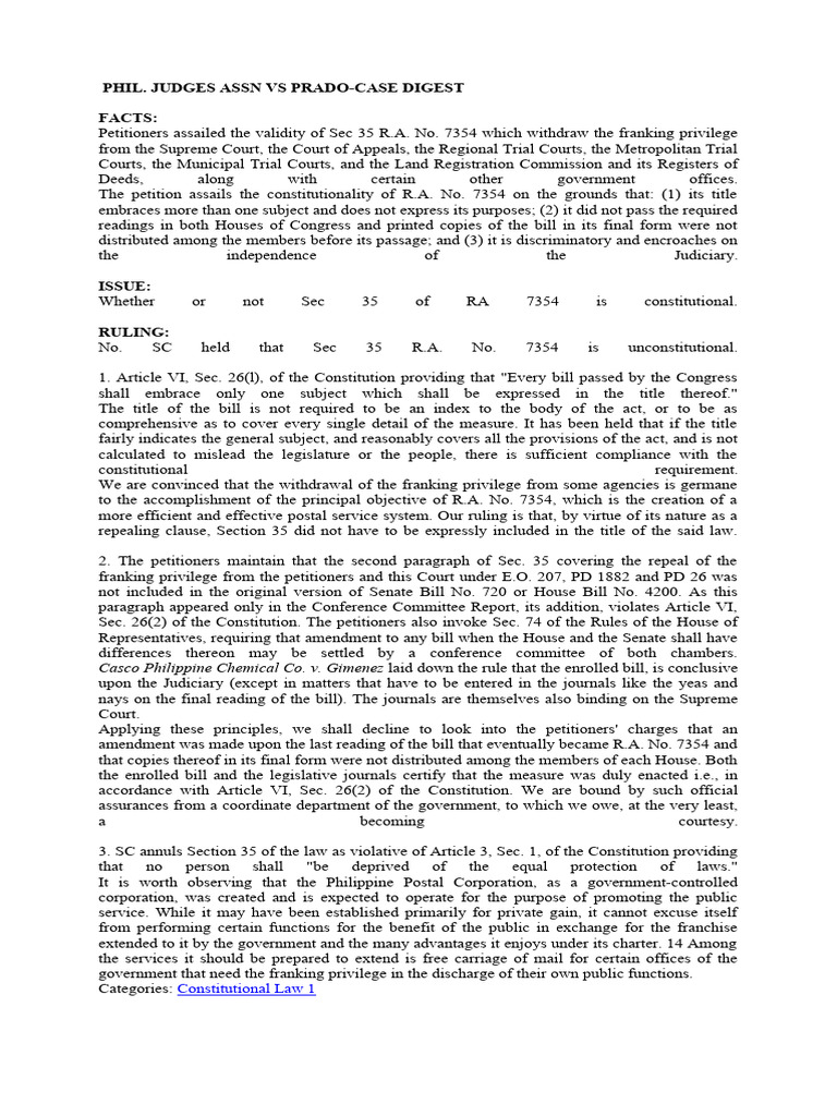 Phil judges assn vs prado case digest pdf united states house of