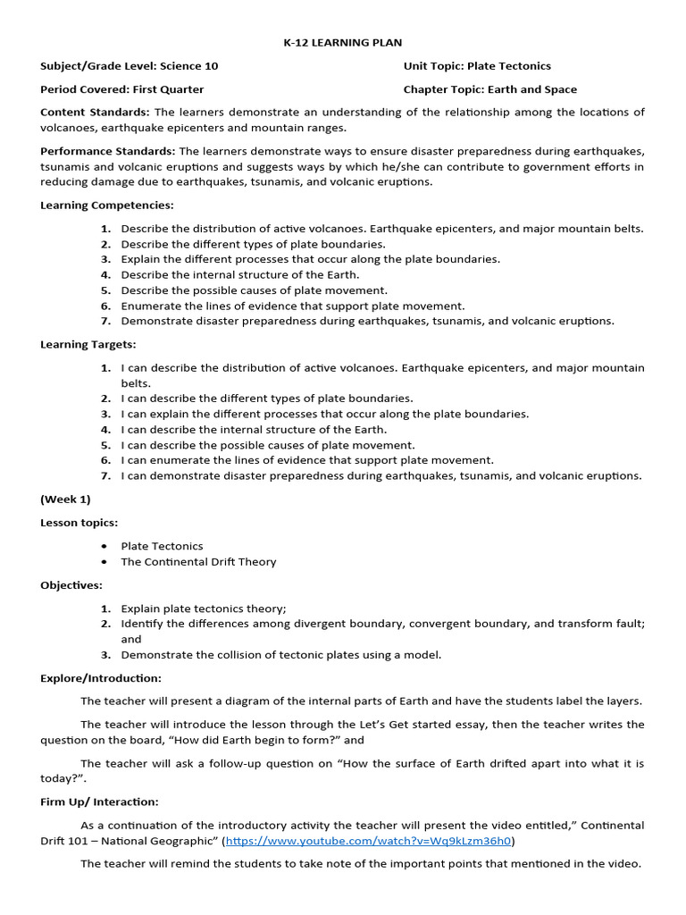 Science 10: Plate Tectonics Unit Plan | PDF | Plate Tectonics | Earthquakes