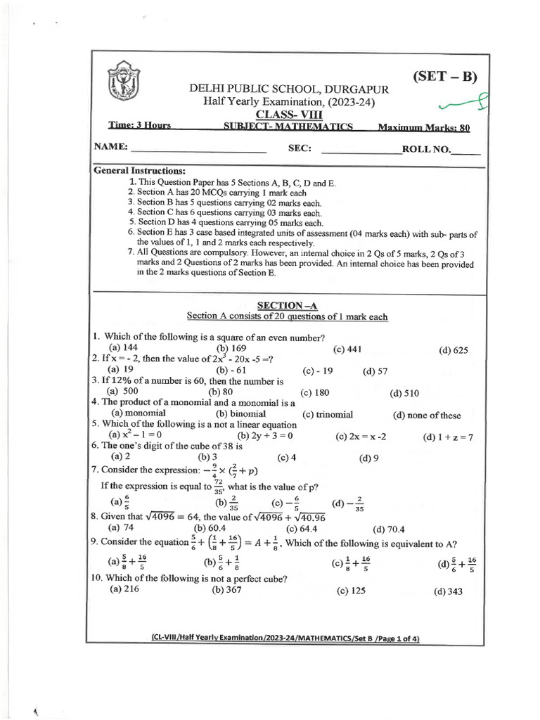 Class 8 - Half Yearly Maths 2023-24 | PDF