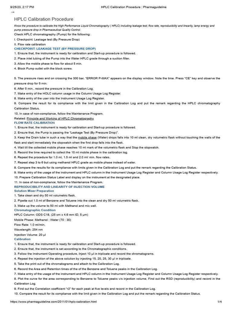 HPLC Calibration Procedure _ Pharmaguideline PDF