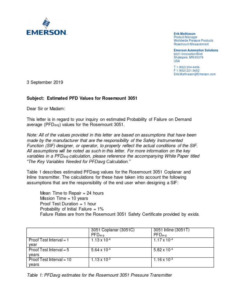 Rosemount 3051 PFD Estimate Letter PDF
