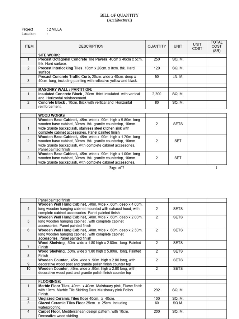 Bill of Quantity (Material List) | PDF | Door | Wall