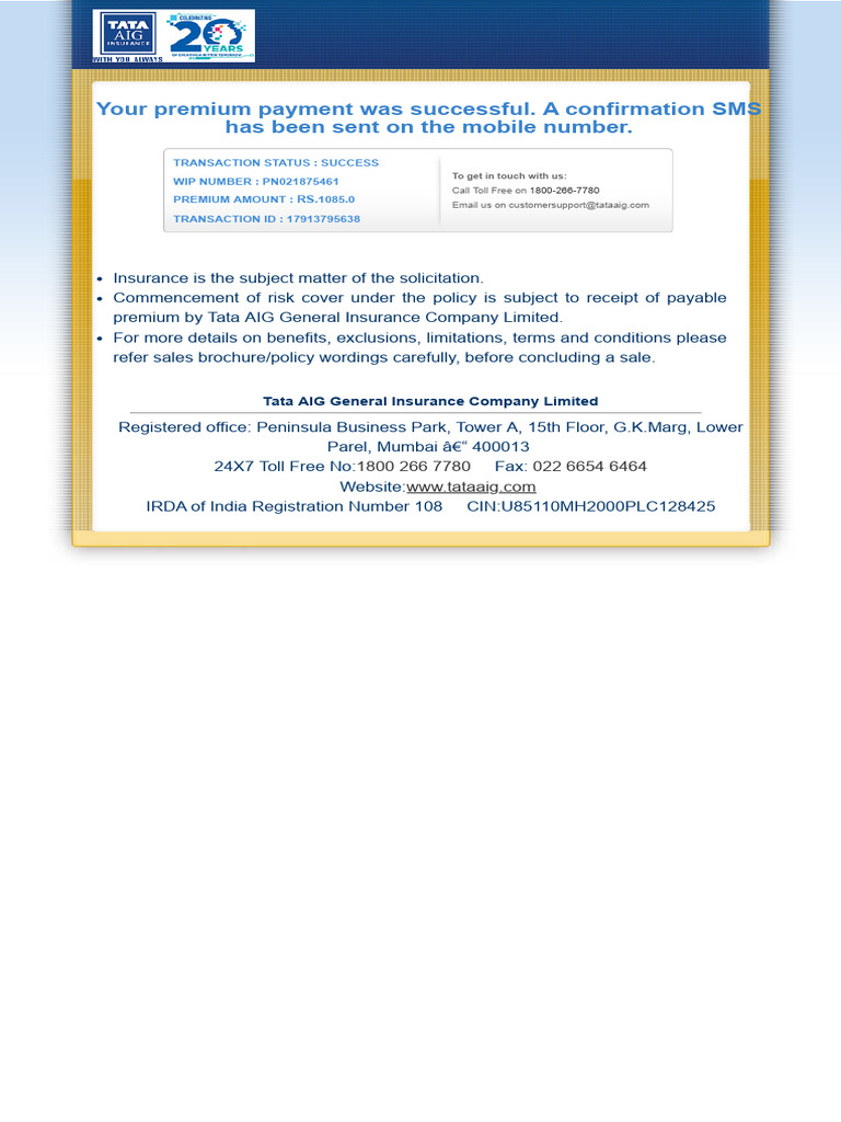 Tata AIG Insurance - Transaction Successful | PDF