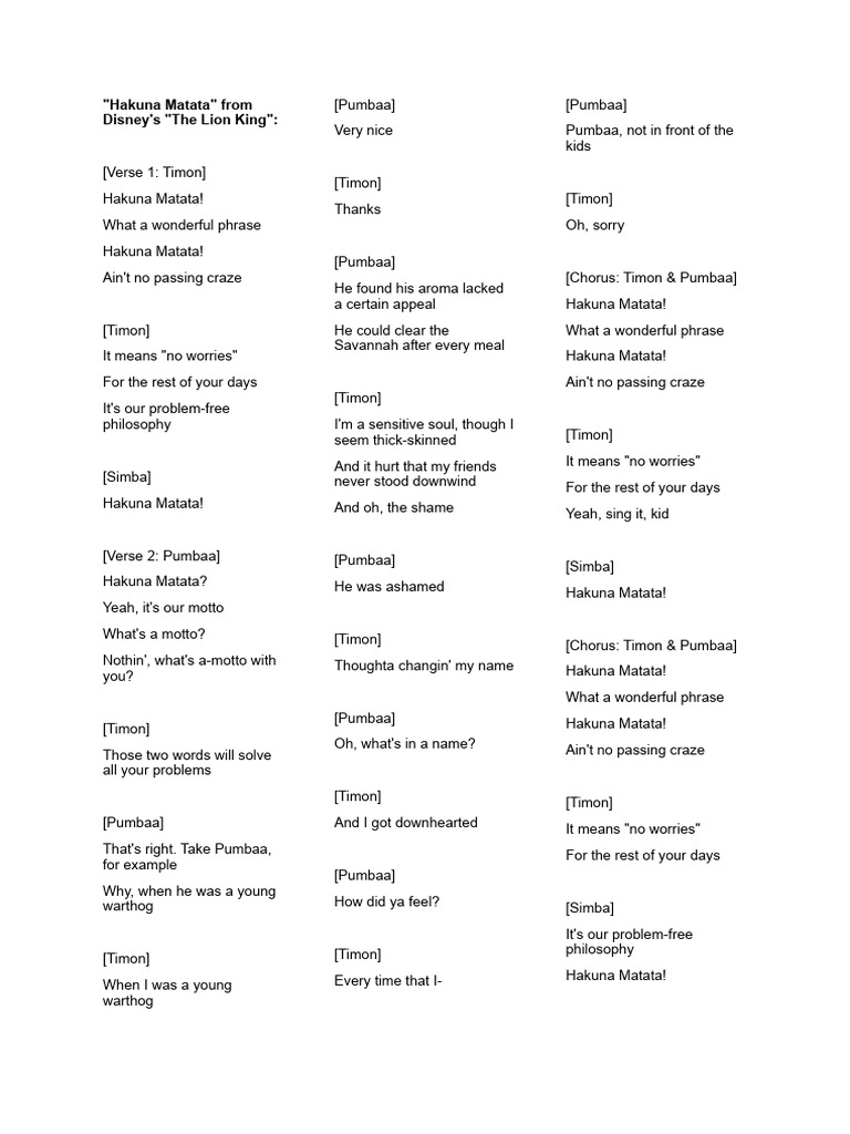 Hakuna Matata Lyrics | PDF
