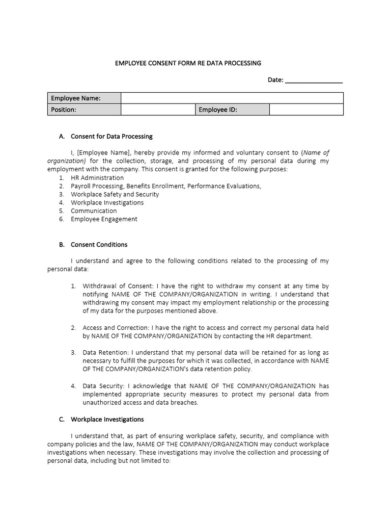 Employee Consent Form re Data Privacy | PDF | Consent | Employment