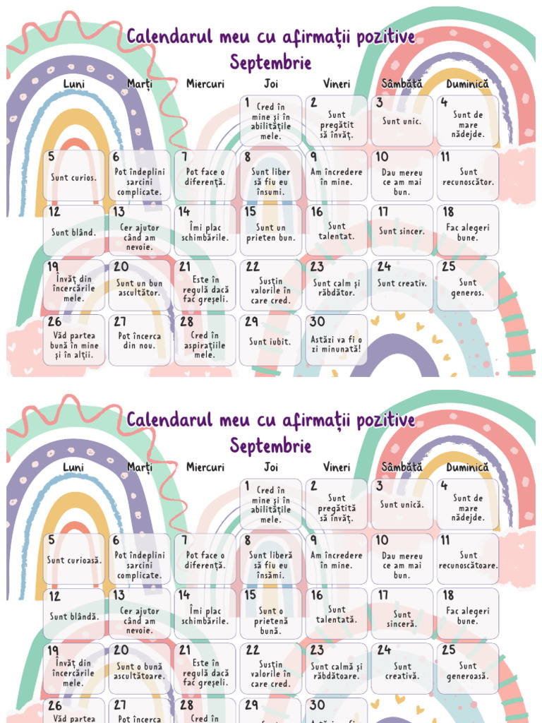 Calendarul Meu Cu Afirmatii Pozitive Septembrie Plansa Galeria de Arta ...